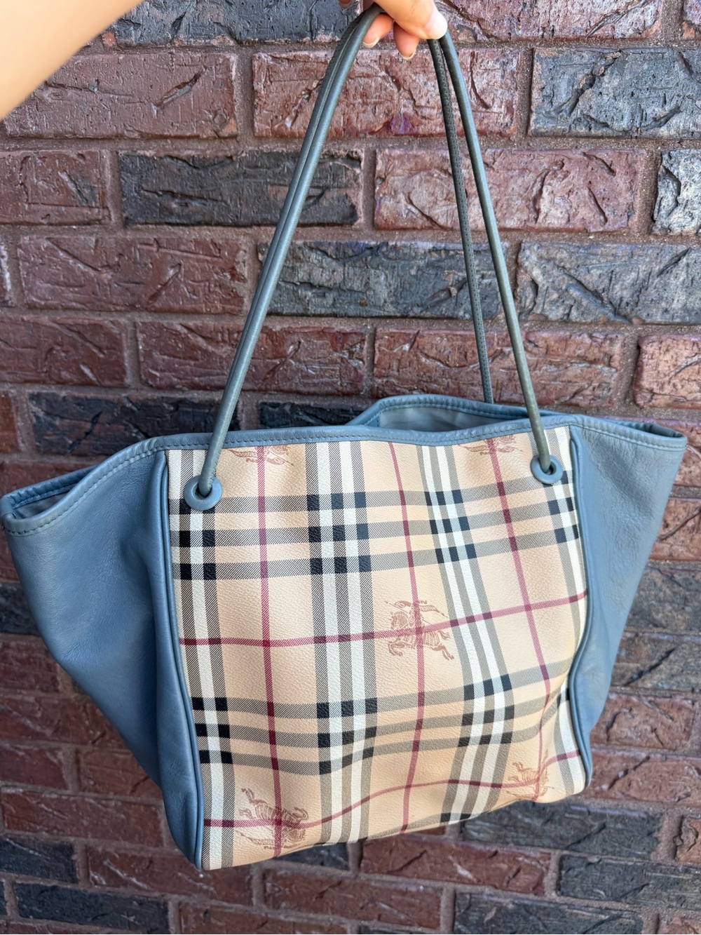 Burberry Blue Leather & Beige Nova Check Tote